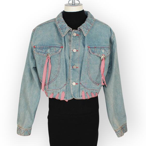 Vtg M/L HystericEtVous Crop Denim JeanJacket Western Gingham Red Cowgirl Light - Picture 13 of 14